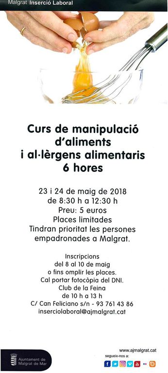 Inscripcions obertes per al curs de manipulació d'aliments i al·lèrgens alimentaris