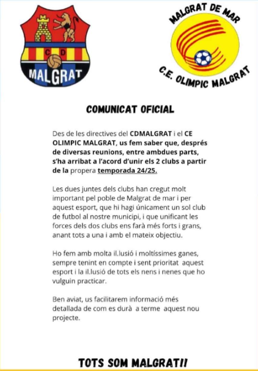 El CD Malgrat i el CE Olimpic Malgrat s'uneixen